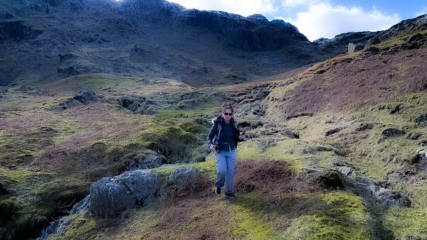 Carol descending into Far Easedale from Greenup Edge